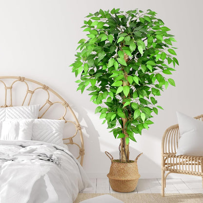6.2ft Ficus Artificial Trees with 3 Natural Curved Trunks, 74" Tall Lush Faux Tree for Home Decor Indoor, Green Lifelike Fake Ficus Tree Artificial Plants