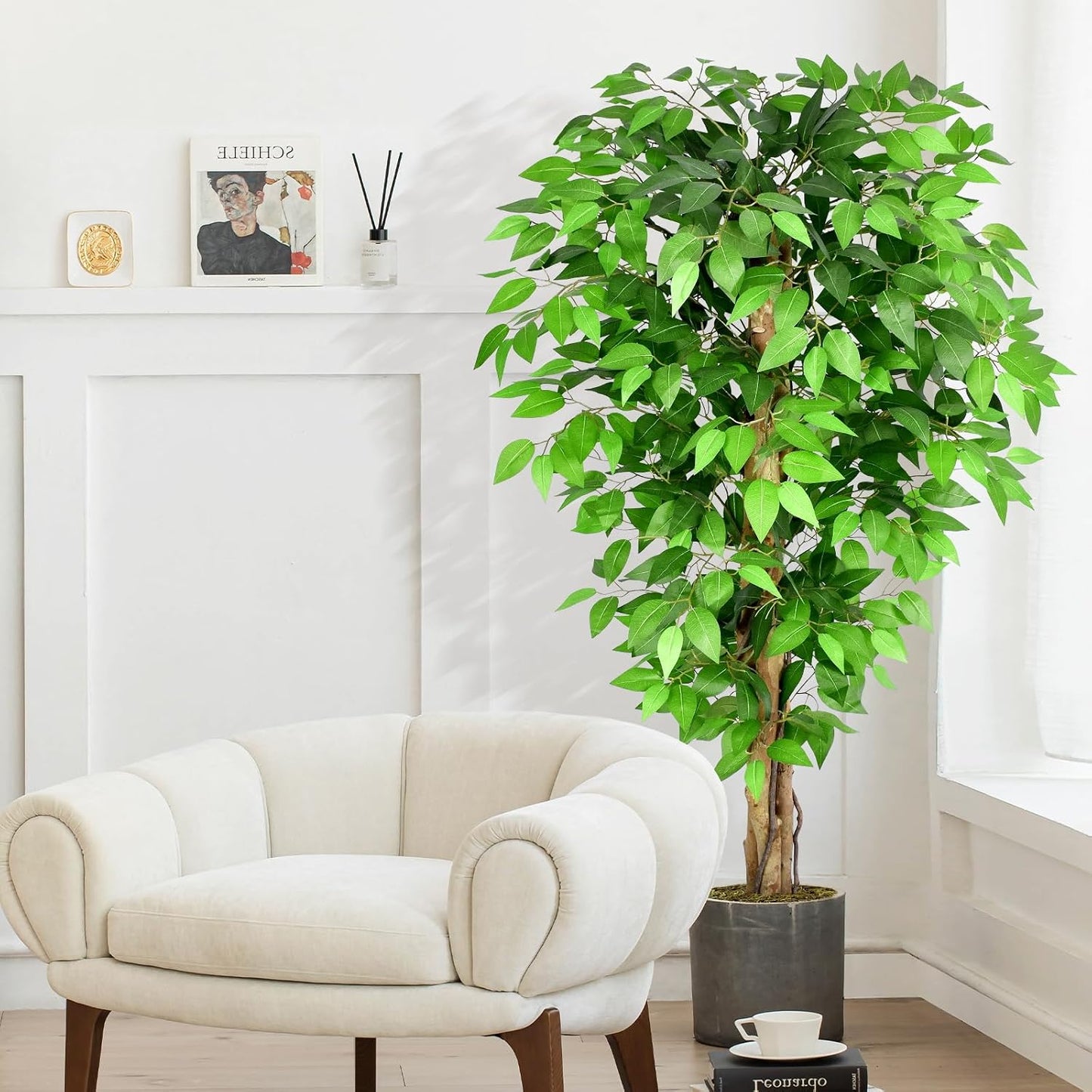 6.2ft Ficus Artificial Trees with 3 Natural Curved Trunks, 74" Tall Lush Faux Tree for Home Decor Indoor, Green Lifelike Fake Ficus Tree Artificial Plants