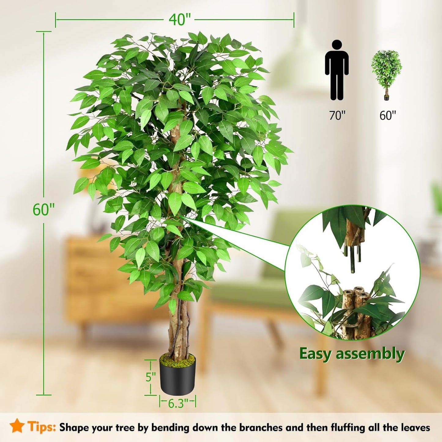 6.2ft Ficus Artificial Trees with 3 Natural Curved Trunks, 74" Tall Lush Faux Tree for Home Decor Indoor, Green Lifelike Fake Ficus Tree Artificial Plants