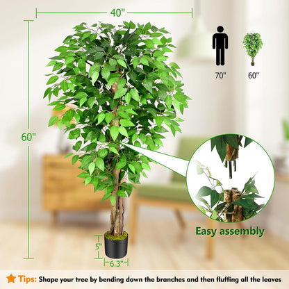 6.2ft Ficus Artificial Trees with 3 Natural Curved Trunks, 74" Tall Lush Faux Tree for Home Decor Indoor, Green Lifelike Fake Ficus Tree Artificial Plants