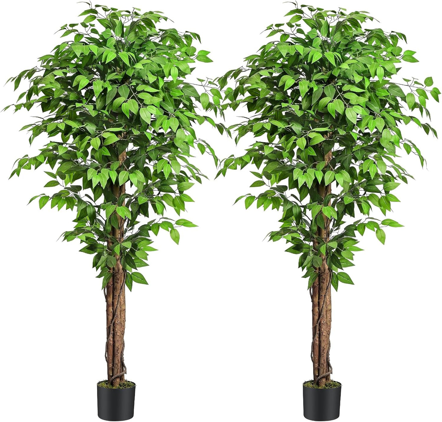 6.2ft Ficus Artificial Trees with 3 Natural Curved Trunks, 74" Tall Lush Faux Tree for Home Decor Indoor, Green Lifelike Fake Ficus Tree Artificial Plants