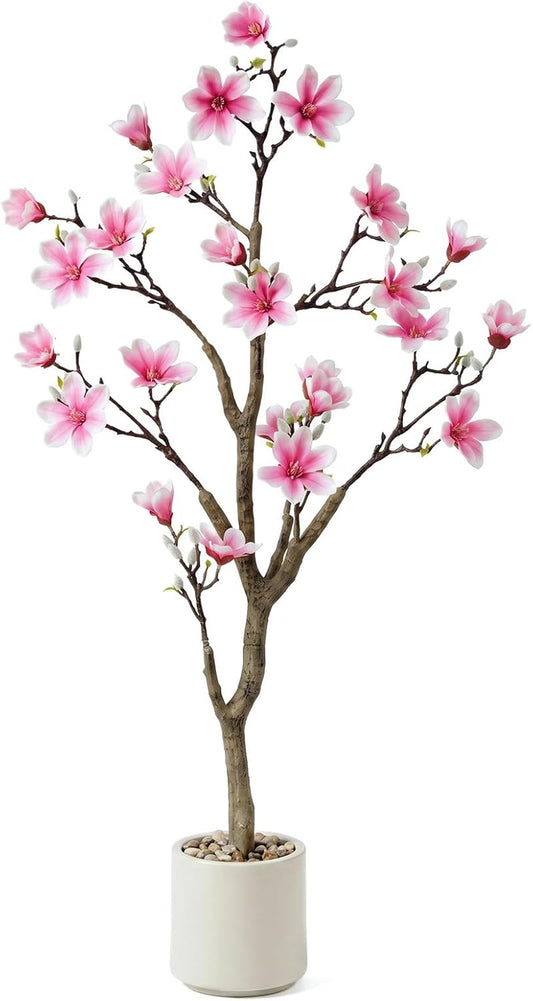 3.6ft Artificial Magnolia Tree with Realistic Pink Flowers | Real-Touch Blooms, Faux Flowering Plant with Decorative Pot for Indoor Home, Living Room, Table, Patio Decor, Gift Choice