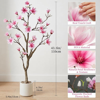 3.6ft Artificial Magnolia Tree with Realistic Pink Flowers | Real-Touch Blooms, Faux Flowering Plant with Decorative Pot for Indoor Home, Living Room, Table, Patio Decor, Gift Choice