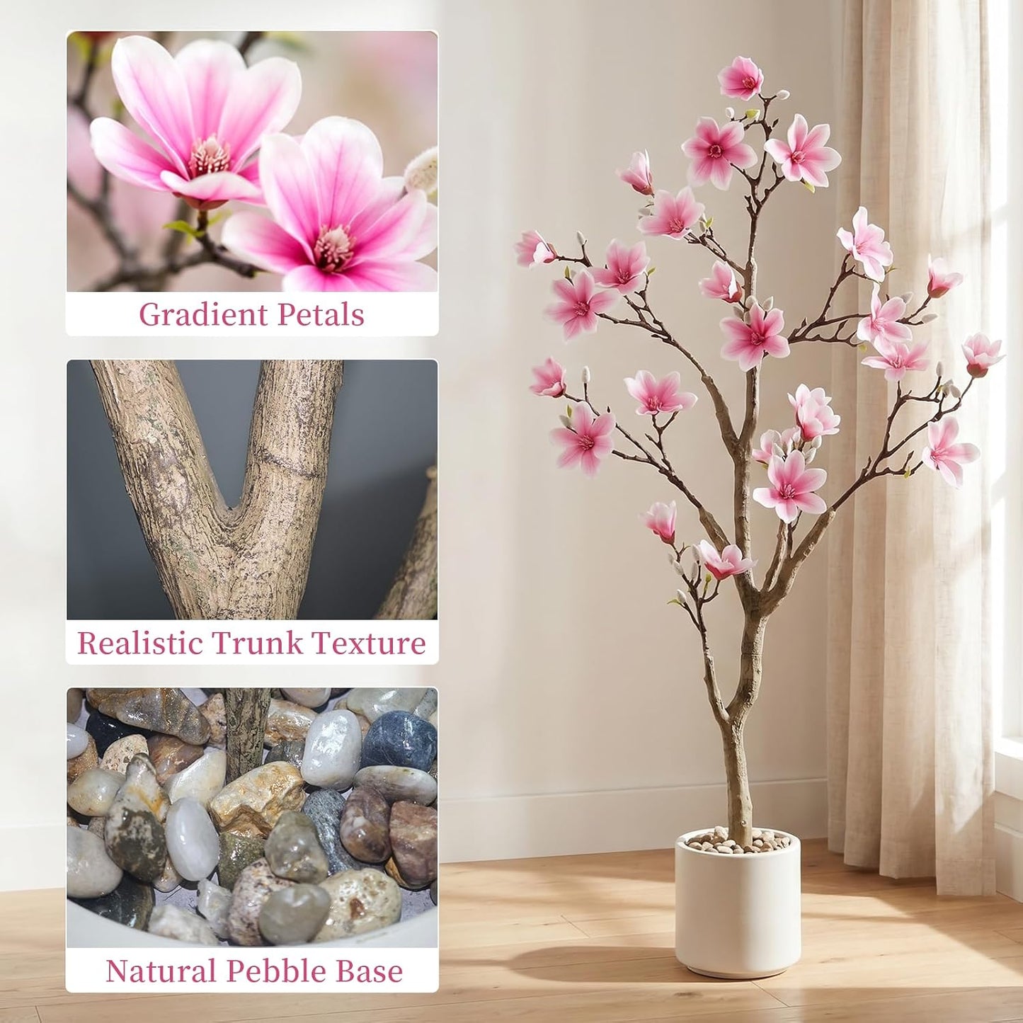 3.6ft Artificial Magnolia Tree with Realistic Pink Flowers | Real-Touch Blooms, Faux Flowering Plant with Decorative Pot for Indoor Home, Living Room, Table, Patio Decor, Gift Choice
