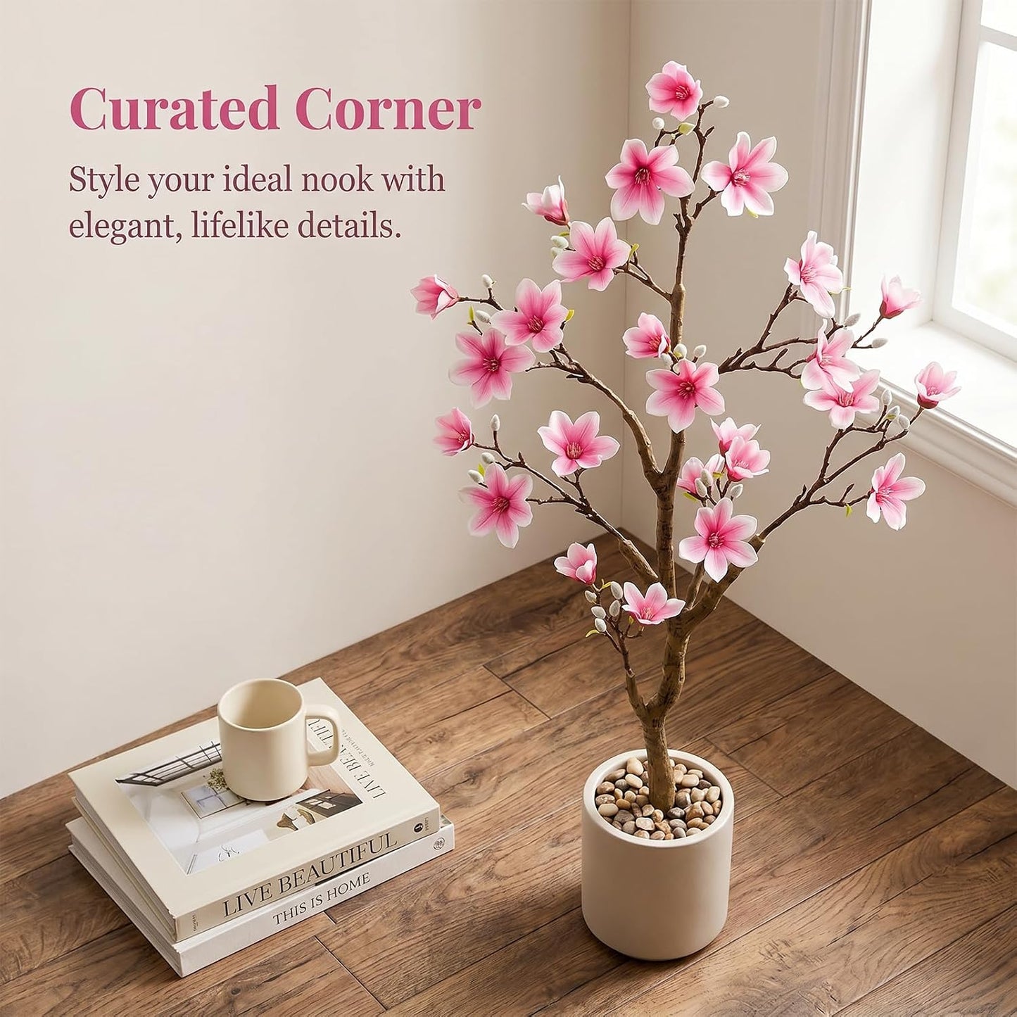3.6ft Artificial Magnolia Tree with Realistic Pink Flowers | Real-Touch Blooms, Faux Flowering Plant with Decorative Pot for Indoor Home, Living Room, Table, Patio Decor, Gift Choice