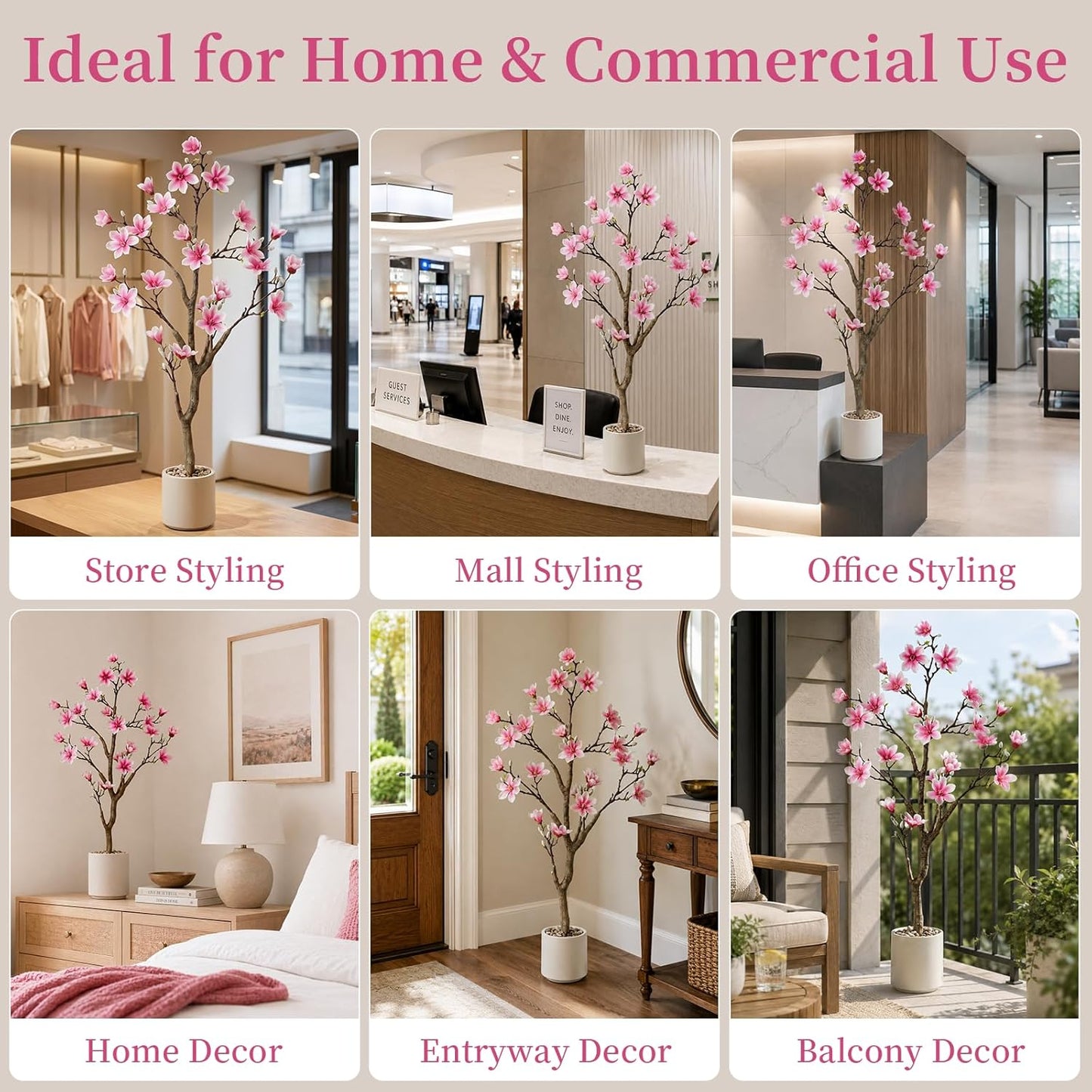 3.6ft Artificial Magnolia Tree with Realistic Pink Flowers | Real-Touch Blooms, Faux Flowering Plant with Decorative Pot for Indoor Home, Living Room, Table, Patio Decor, Gift Choice