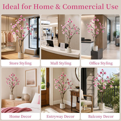 3.6ft Artificial Magnolia Tree with Realistic Pink Flowers | Real-Touch Blooms, Faux Flowering Plant with Decorative Pot for Indoor Home, Living Room, Table, Patio Decor, Gift Choice