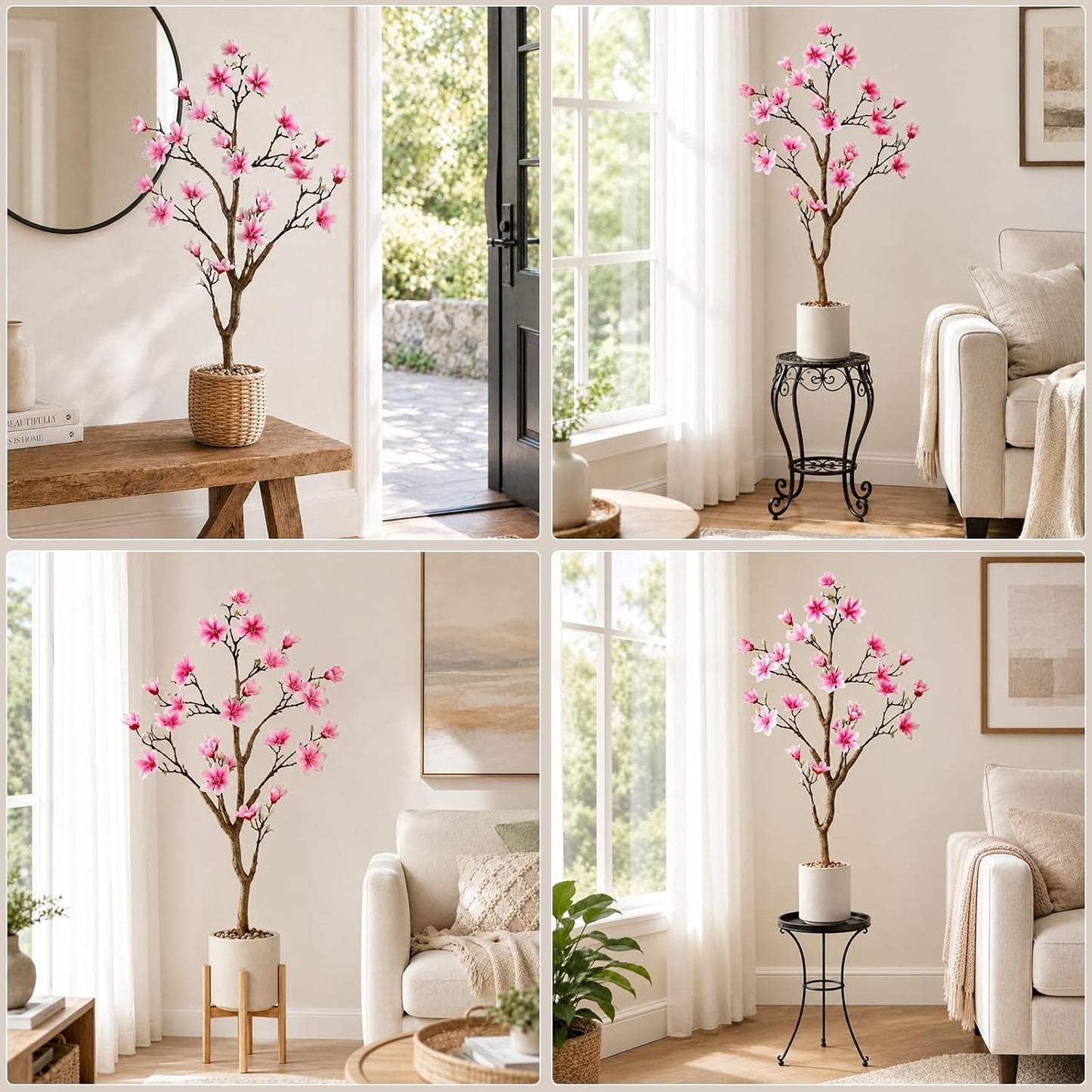 3.6ft Artificial Magnolia Tree with Realistic Pink Flowers | Real-Touch Blooms, Faux Flowering Plant with Decorative Pot for Indoor Home, Living Room, Table, Patio Decor, Gift Choice