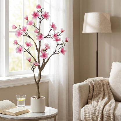 3.6ft Artificial Magnolia Tree with Realistic Pink Flowers | Real-Touch Blooms, Faux Flowering Plant with Decorative Pot for Indoor Home, Living Room, Table, Patio Decor, Gift Choice