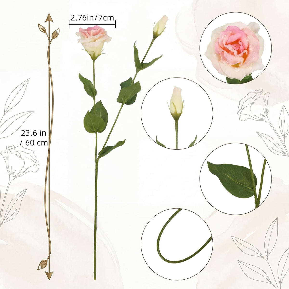 6PCS White Eustoma Lisianthus Artificial Flowers, 23.6" Real Touch Faux Lisianthus Flowers with Stems White Silk Flower for DIY Wedding Table Centerpiece Home Party Decor(White)