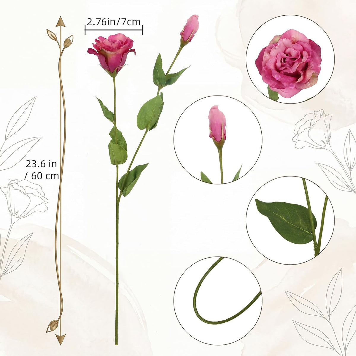 6PCS White Eustoma Lisianthus Artificial Flowers, 23.6" Real Touch Faux Lisianthus Flowers with Stems White Silk Flower for DIY Wedding Table Centerpiece Home Party Decor(White)