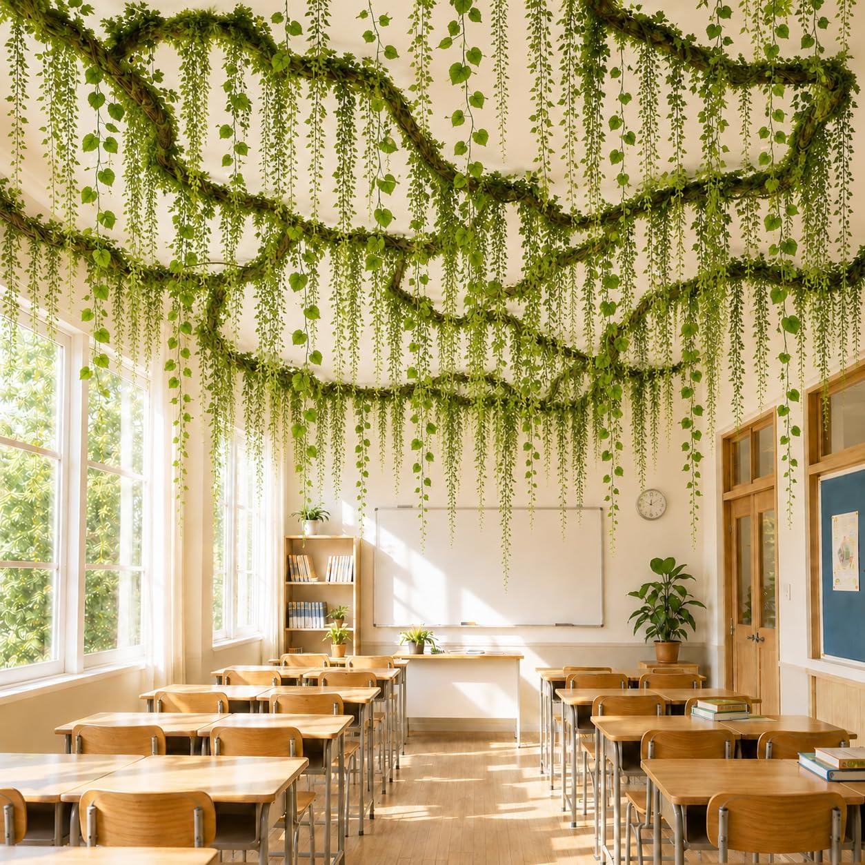 35 Pcs Artificial Bendable Vines Branches Decoration, Jungle Theme Decoration Set with Hooks and Hanging Line, Branches Vines Wicker Fake Moss for DIY Classroom Wall Ceiling