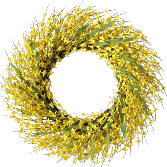 26 Inch Spring Wreaths for Front Door, Large Artificial Forsythia Flowers Wreath, Spring Summer Floral Wreath All Season for Home, Wall, Window, Porch, Wedding, Farmhouse Decor (Yellow)