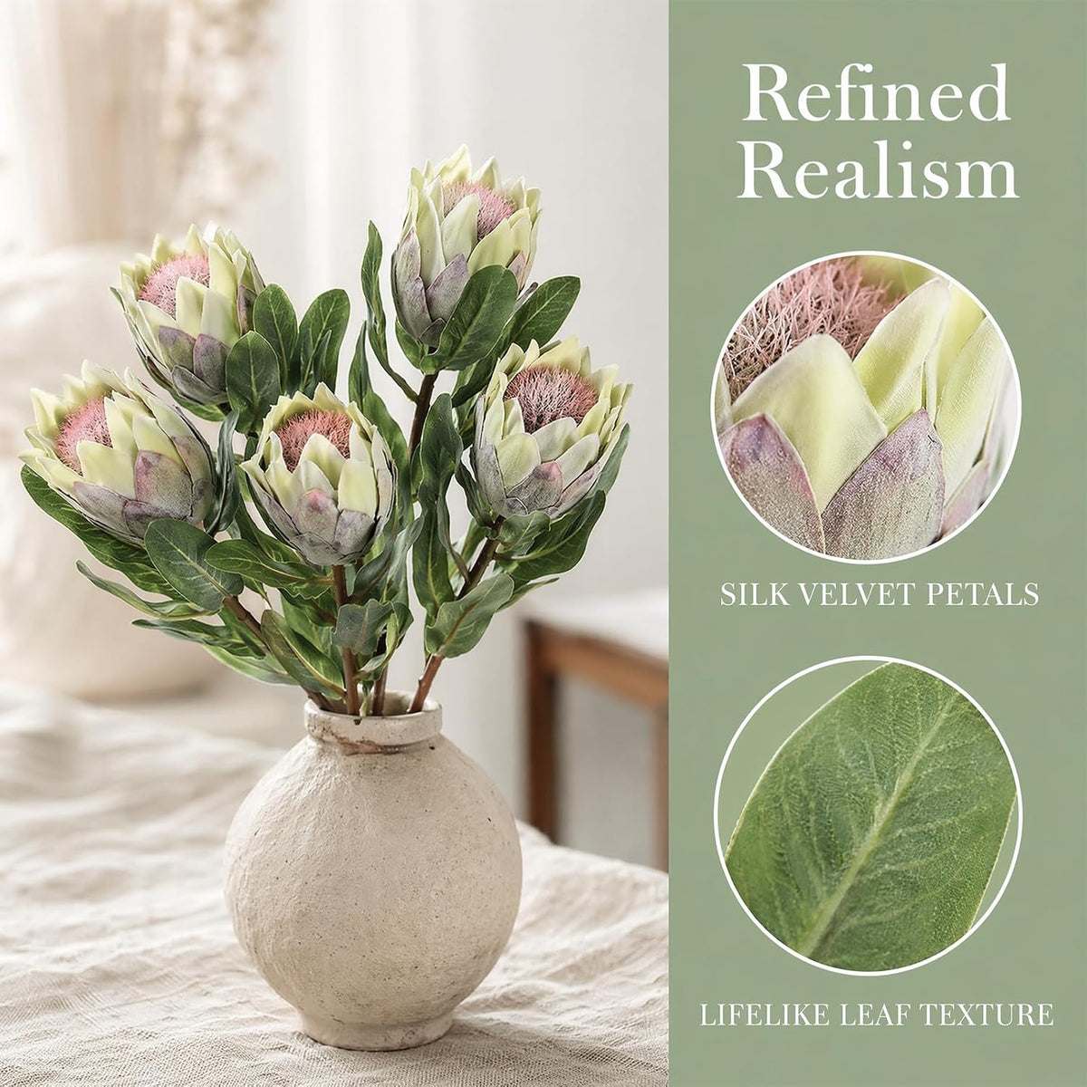 5 Pcs Artificial King Protea Flowers, Green Faux Protea Cynaroides Tropical Realistic King Protea Flower with Stem for Indoor Table Centerpiece Wedding Home Party Decoration