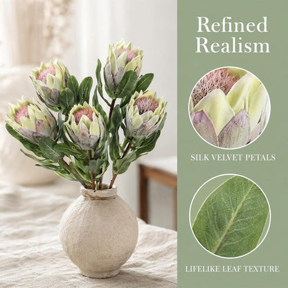 5 Pcs Artificial King Protea Flowers, Green Faux Protea Cynaroides Tropical Realistic King Protea Flower with Stem for Indoor Table Centerpiece Wedding Home Party Decoration
