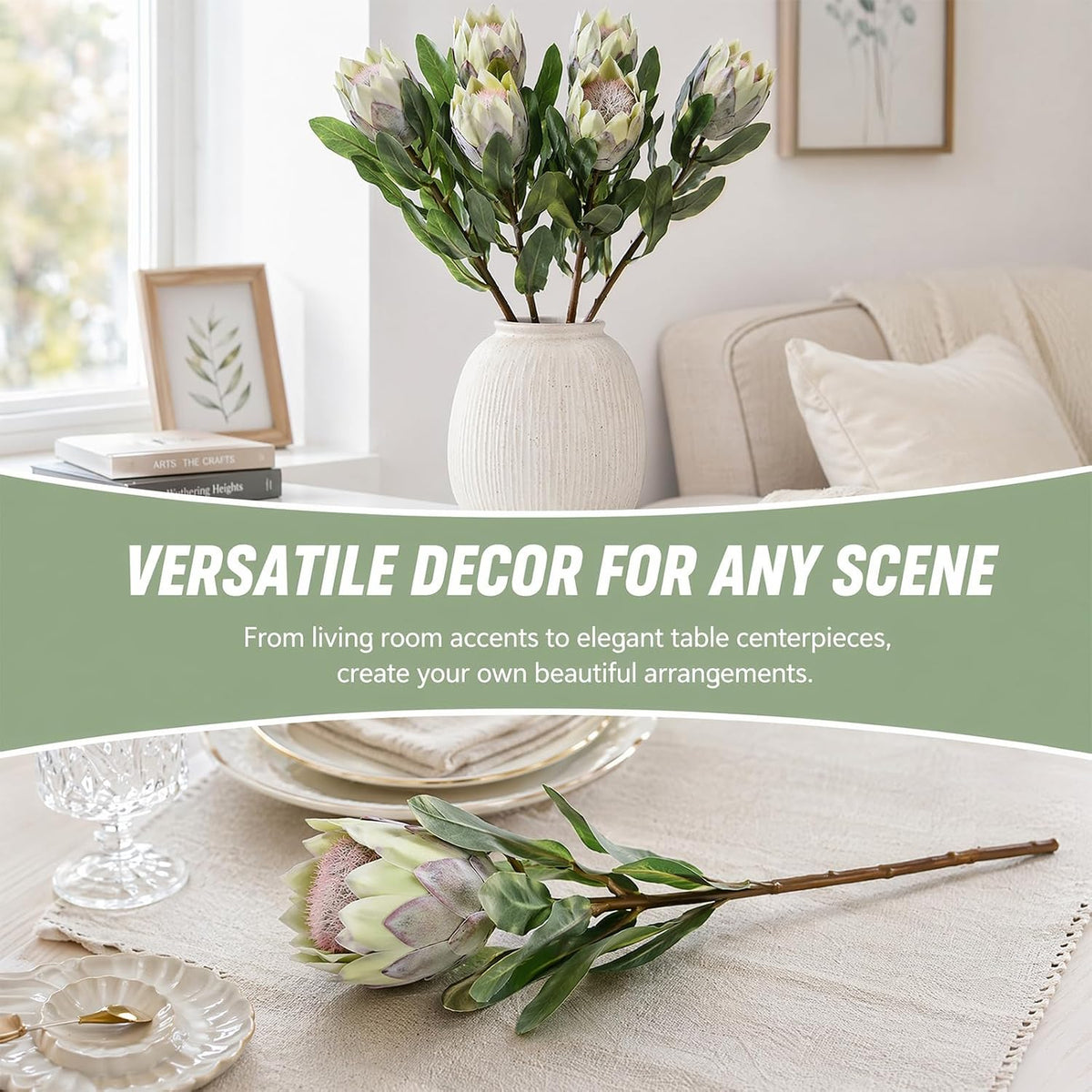 5 Pcs Artificial King Protea Flowers, Green Faux Protea Cynaroides Tropical Realistic King Protea Flower with Stem for Indoor Table Centerpiece Wedding Home Party Decoration