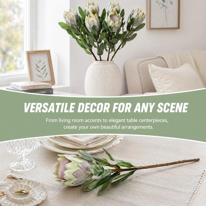 5 Pcs Artificial King Protea Flowers, Green Faux Protea Cynaroides Tropical Realistic King Protea Flower with Stem for Indoor Table Centerpiece Wedding Home Party Decoration