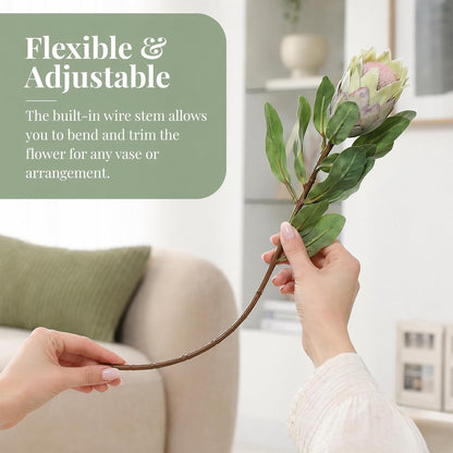 5 Pcs Artificial King Protea Flowers, Green Faux Protea Cynaroides Tropical Realistic King Protea Flower with Stem for Indoor Table Centerpiece Wedding Home Party Decoration