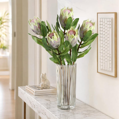 5 Pcs Artificial King Protea Flowers, Green Faux Protea Cynaroides Tropical Realistic King Protea Flower with Stem for Indoor Table Centerpiece Wedding Home Party Decoration