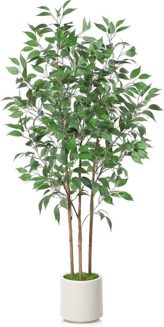 Ficus Artificial Tree 6ft Fake Silk Plant for Home Decor Indoor, Faux Floor Tree in White Imitation Ceramic Planter with Green Fake Moss for Home Office Corner Indoor Decor, Set of 1