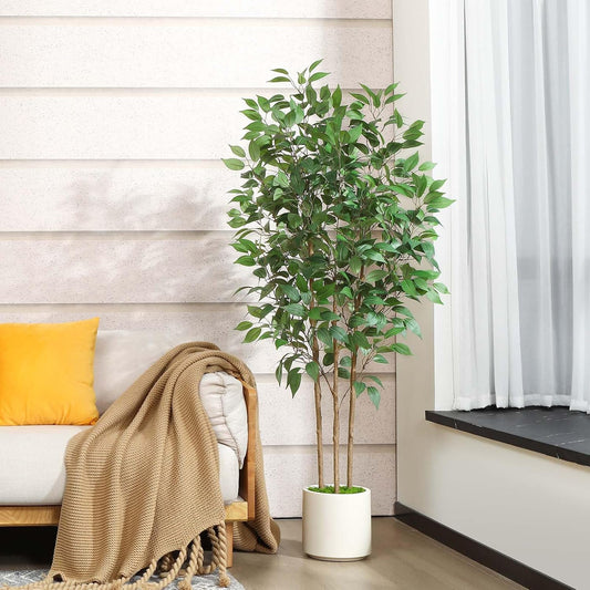 Ficus Artificial Tree 6ft Fake Silk Plant for Home Decor Indoor, Faux Floor Tree in White Imitation Ceramic Planter with Green Fake Moss for Home Office Corner Indoor Decor, Set of 1