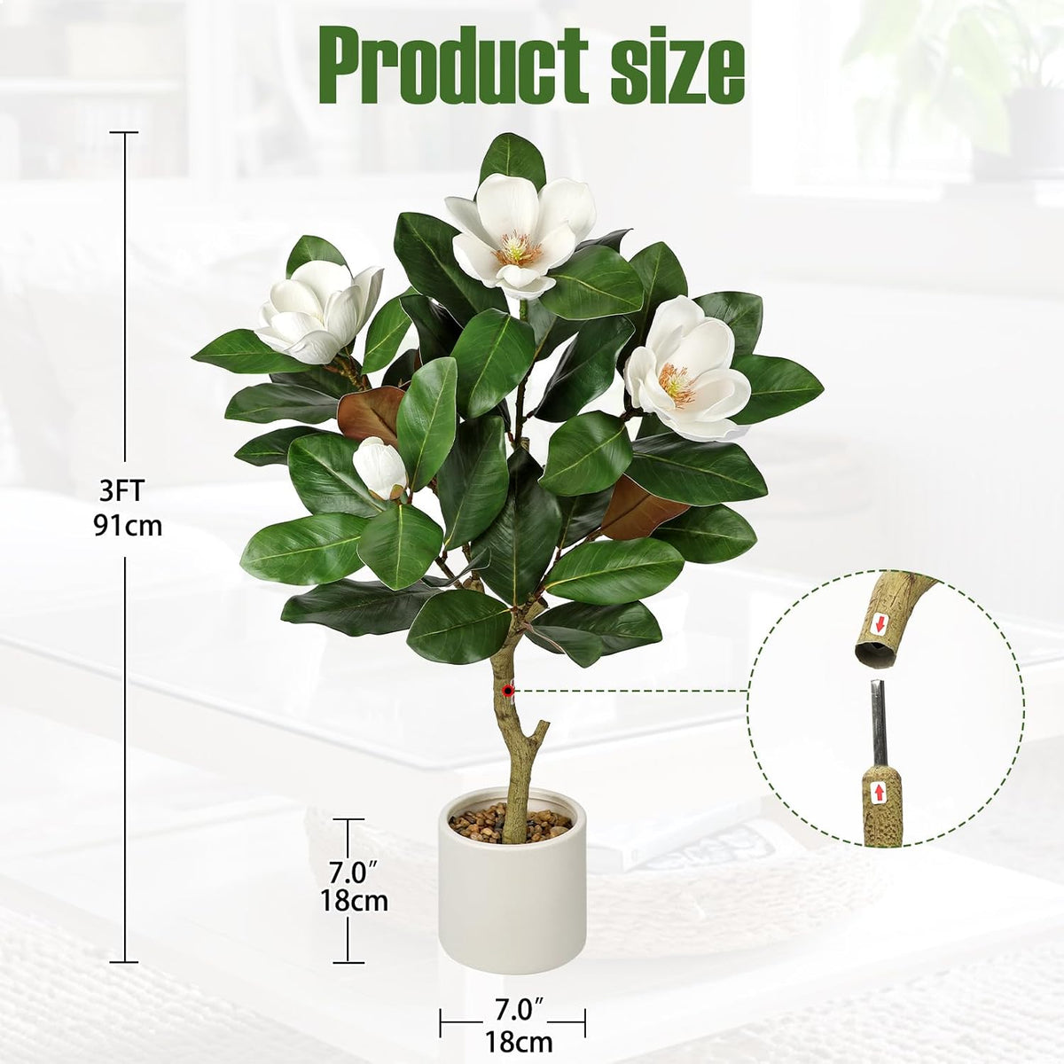 3 ft Artificial Magnolia Tree with White Flowers in Cream Pot