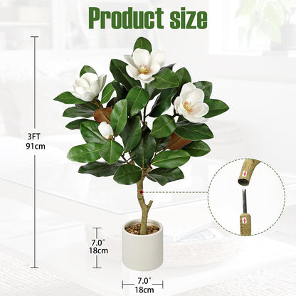 3 ft Artificial Magnolia Tree with White Flowers in Cream Pot