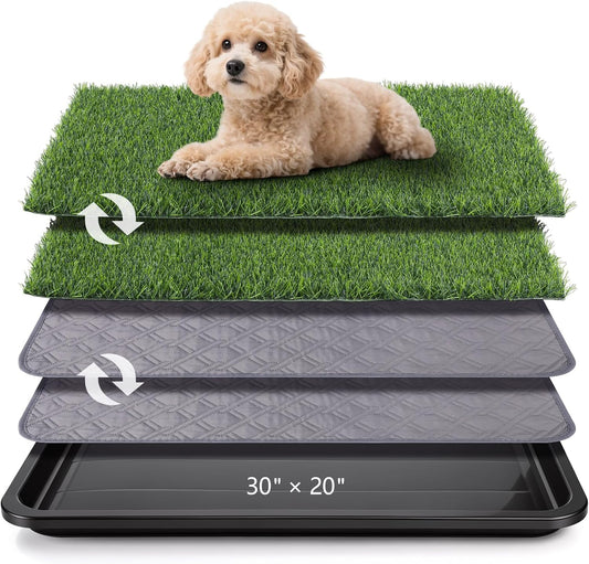 Dog Grass Pad with Tray, 30 x 20 in, 3-Layer Potty with 2 Grass Pads