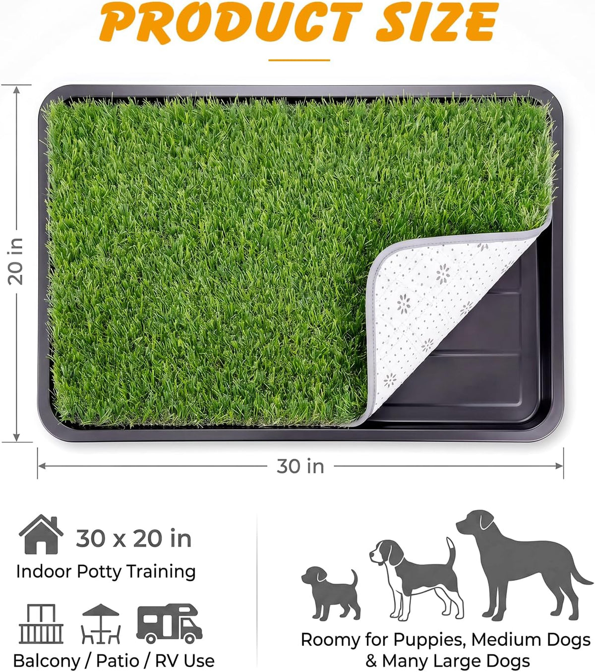 Dog Grass Pad with Tray, 30 x 20 in, 3-Layer Potty with 2 Grass Pads
