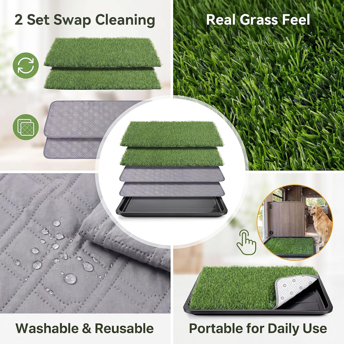 Dog Grass Pad with Tray, 30 x 20 in, 3-Layer Potty with 2 Grass Pads