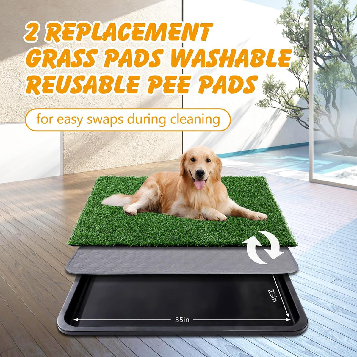 Dog Grass Pad with Tray, 30 x 20 in, 3-Layer Potty with 2 Grass Pads