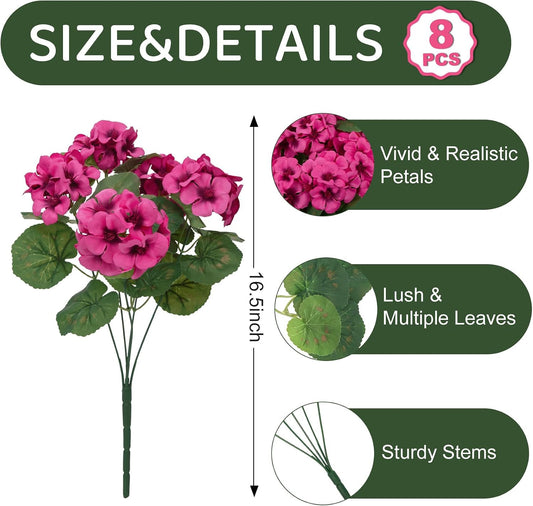 8 Pcs 17" Artificial Geranium Flowers for Outdoors Fake Plants, Red | Realistic silk flowers, faux geranium plants, UV resistant, front porch door garden yard window planters outside home decor