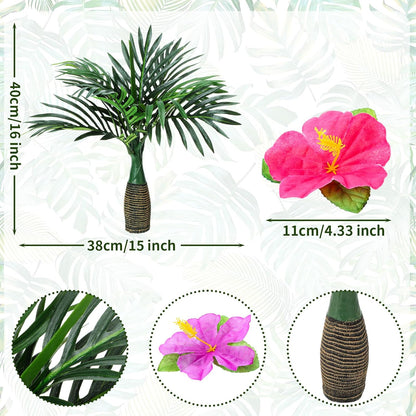 52 Pcs Hawaiian Party Flower Centerpieces for Table Include 2 Artificial Palm Tree and 50 Hawaiian Hibiscus Flowers Tropical Faux Flowers Party Decorations Supplies for Hawaii Luau Theme Decor