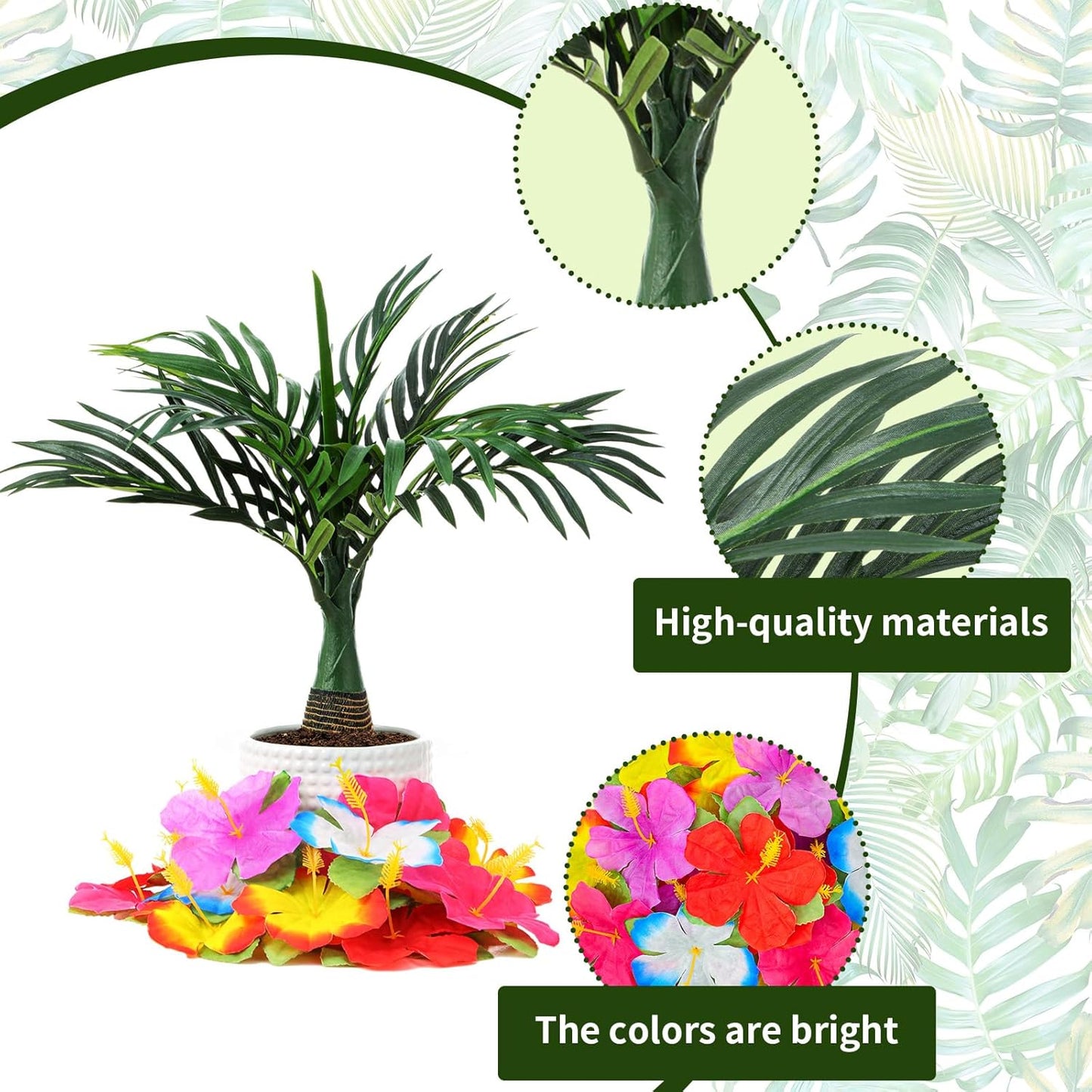 52 Pcs Hawaiian Party Flower Centerpieces for Table Include 2 Artificial Palm Tree and 50 Hawaiian Hibiscus Flowers Tropical Faux Flowers Party Decorations Supplies for Hawaii Luau Theme Decor