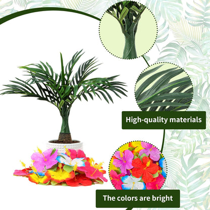 52 Pcs Hawaiian Party Flower Centerpieces for Table Include 2 Artificial Palm Tree and 50 Hawaiian Hibiscus Flowers Tropical Faux Flowers Party Decorations Supplies for Hawaii Luau Theme Decor