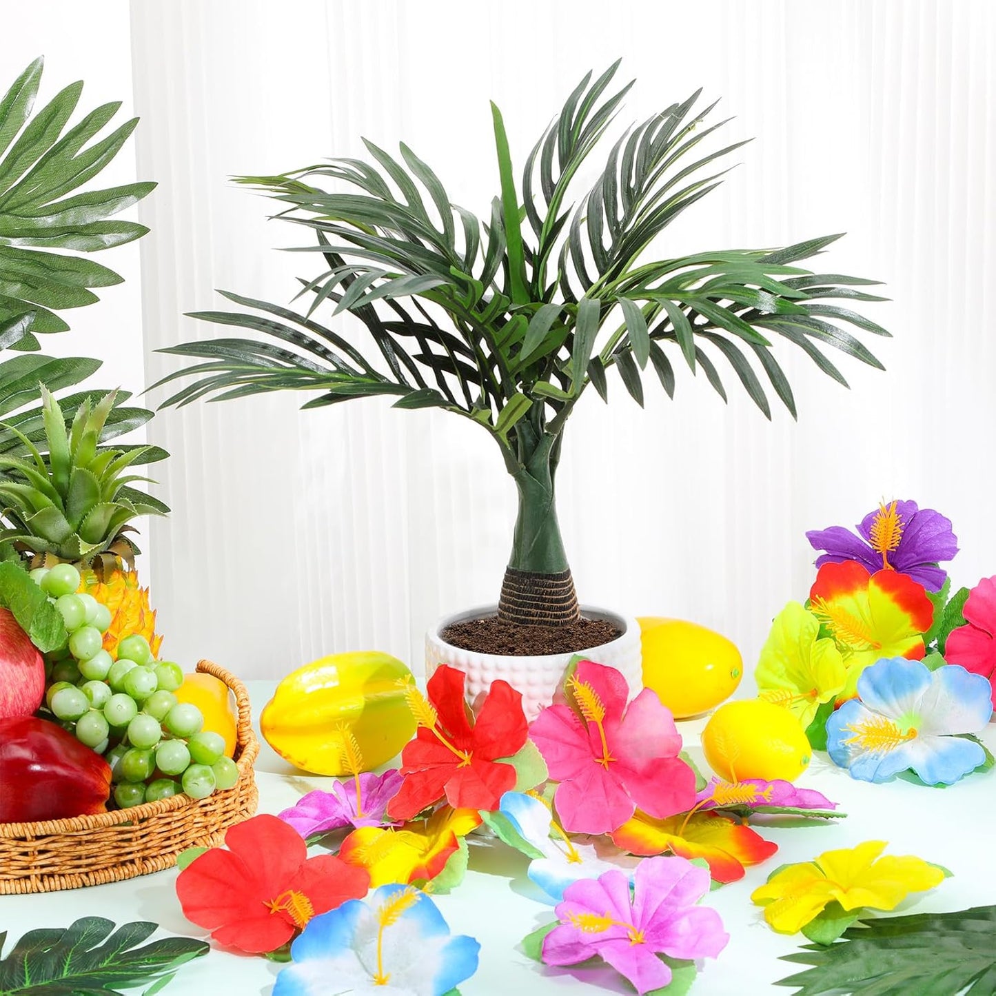 52 Pcs Hawaiian Party Flower Centerpieces for Table Include 2 Artificial Palm Tree and 50 Hawaiian Hibiscus Flowers Tropical Faux Flowers Party Decorations Supplies for Hawaii Luau Theme Decor