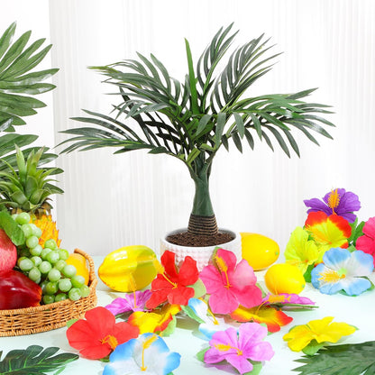 52 Pcs Hawaiian Party Flower Centerpieces for Table Include 2 Artificial Palm Tree and 50 Hawaiian Hibiscus Flowers Tropical Faux Flowers Party Decorations Supplies for Hawaii Luau Theme Decor