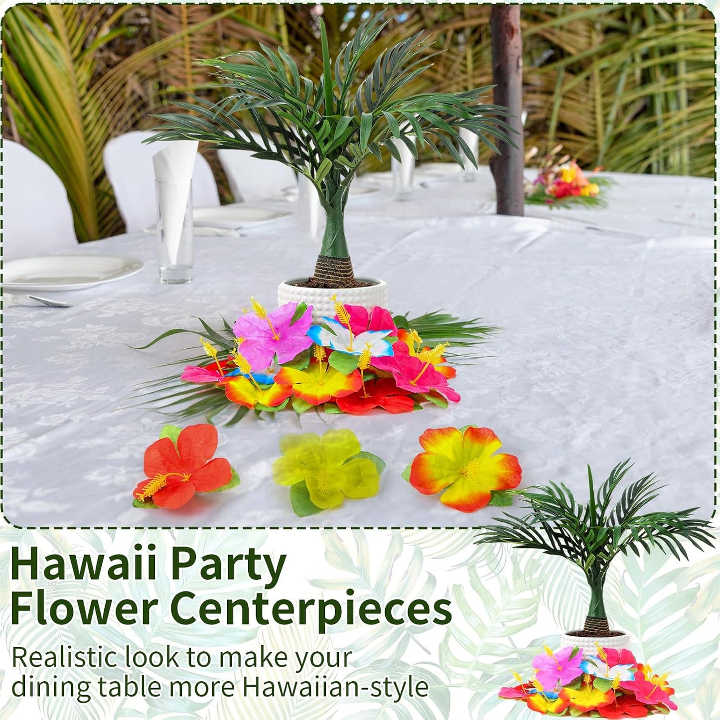 52 Pcs Hawaiian Party Flower Centerpieces for Table Include 2 Artificial Palm Tree and 50 Hawaiian Hibiscus Flowers Tropical Faux Flowers Party Decorations Supplies for Hawaii Luau Theme Decor