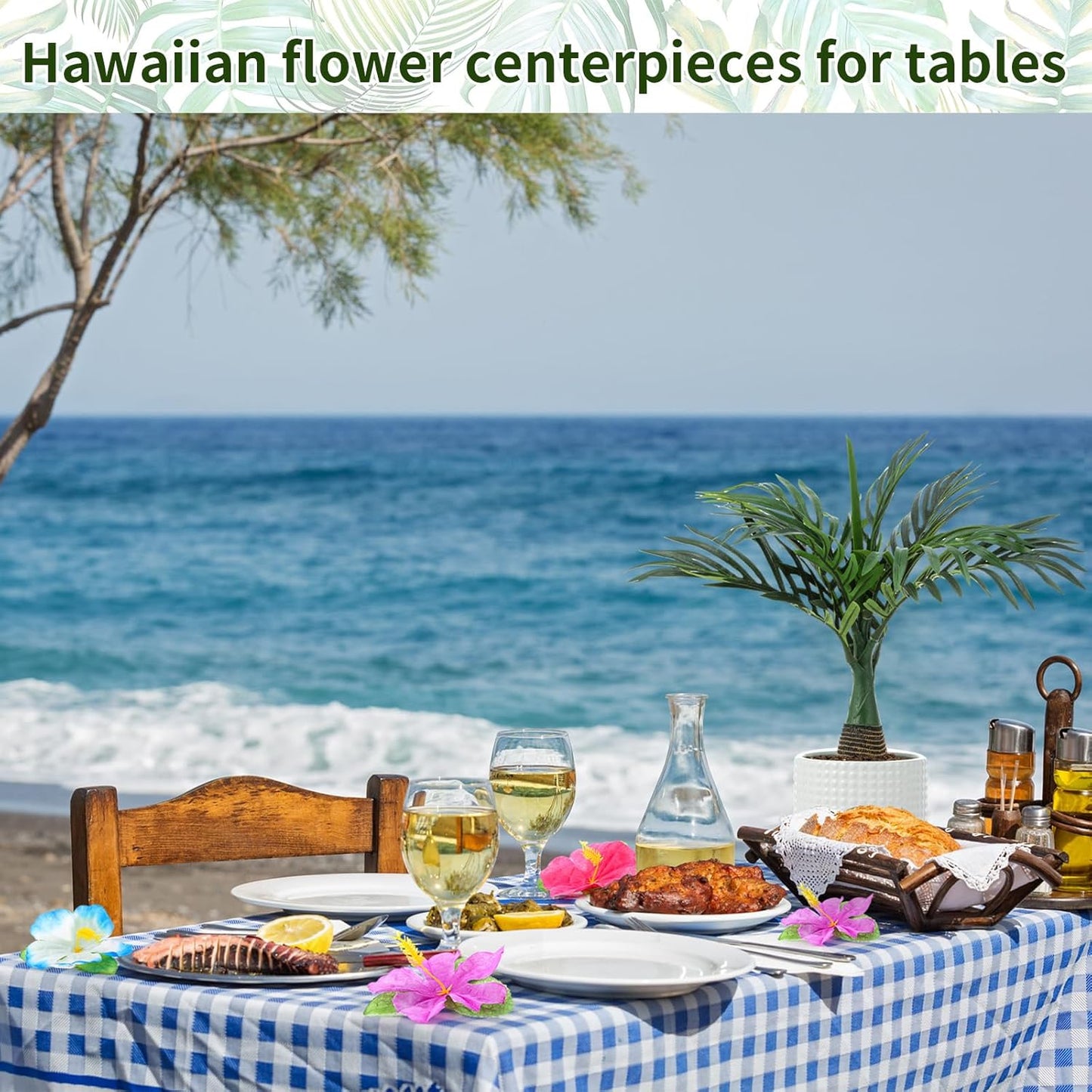52 Pcs Hawaiian Party Flower Centerpieces for Table Include 2 Artificial Palm Tree and 50 Hawaiian Hibiscus Flowers Tropical Faux Flowers Party Decorations Supplies for Hawaii Luau Theme Decor