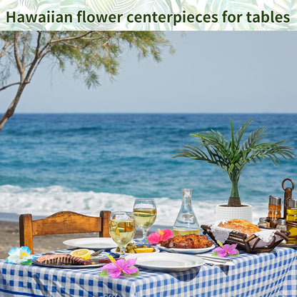 52 Pcs Hawaiian Party Flower Centerpieces for Table Include 2 Artificial Palm Tree and 50 Hawaiian Hibiscus Flowers Tropical Faux Flowers Party Decorations Supplies for Hawaii Luau Theme Decor