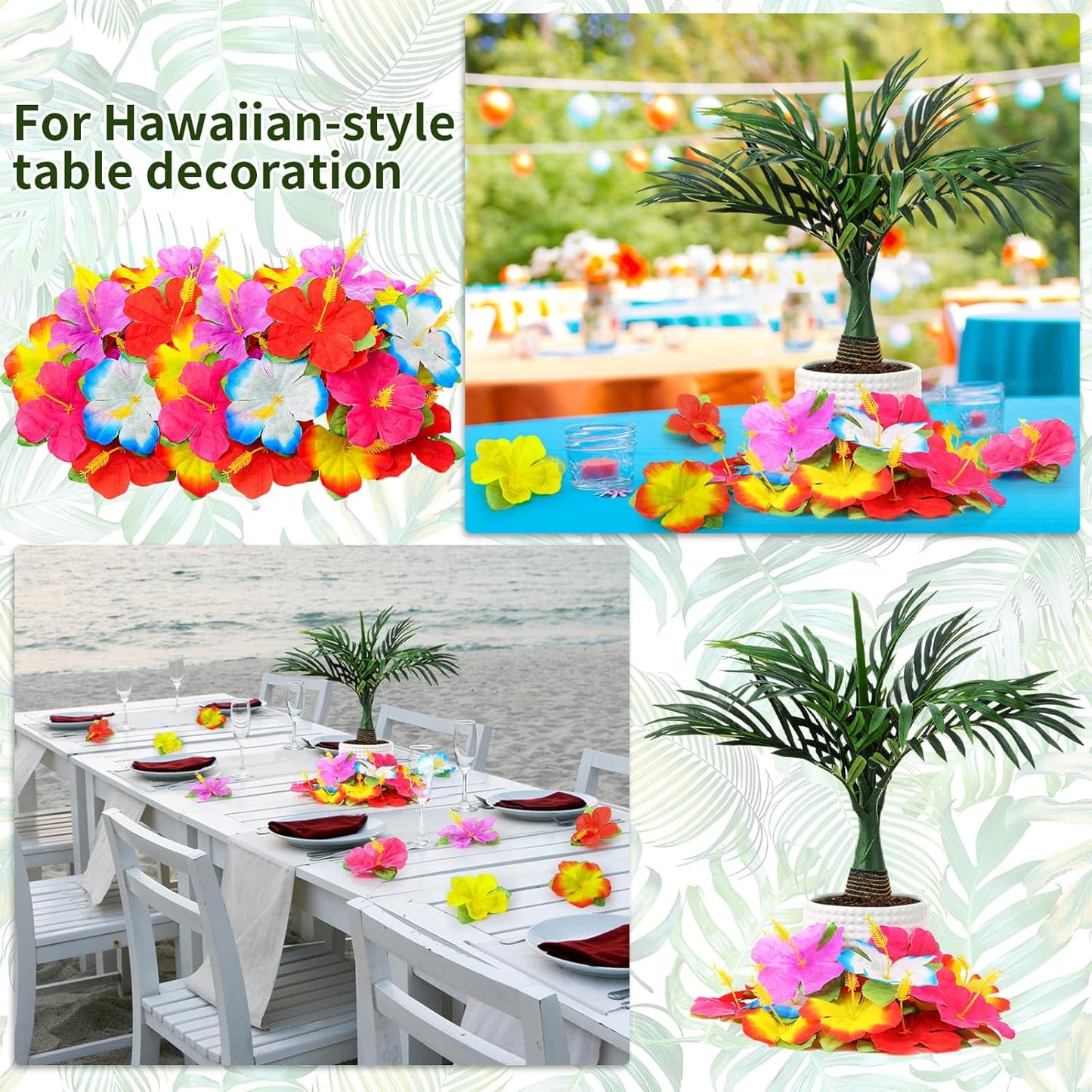 52 Pcs Hawaiian Party Flower Centerpieces for Table Include 2 Artificial Palm Tree and 50 Hawaiian Hibiscus Flowers Tropical Faux Flowers Party Decorations Supplies for Hawaii Luau Theme Decor