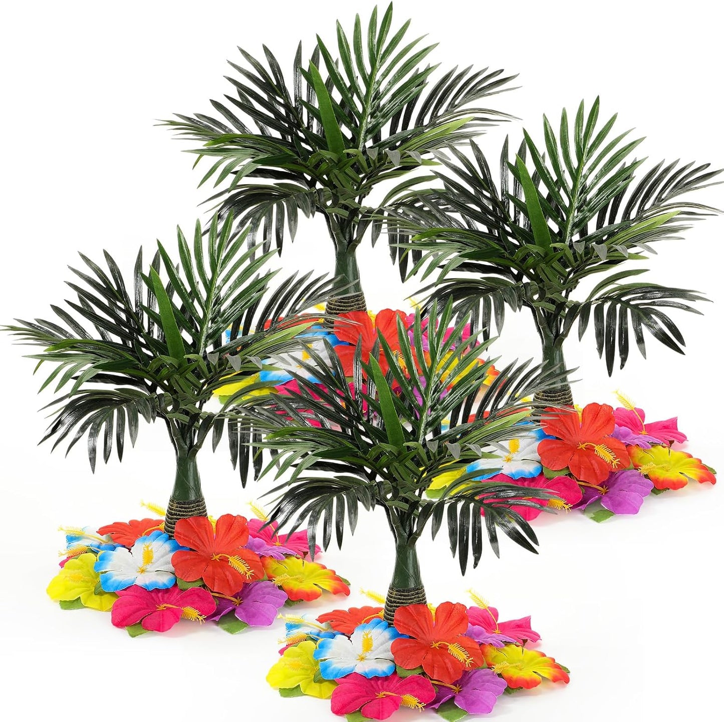 52 Pcs Hawaiian Party Flower Centerpieces for Table Include 2 Artificial Palm Tree and 50 Hawaiian Hibiscus Flowers Tropical Faux Flowers Party Decorations Supplies for Hawaii Luau Theme Decor
