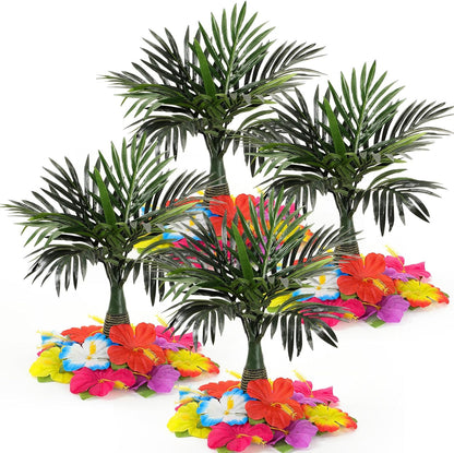 52 Pcs Hawaiian Party Flower Centerpieces for Table Include 2 Artificial Palm Tree and 50 Hawaiian Hibiscus Flowers Tropical Faux Flowers Party Decorations Supplies for Hawaii Luau Theme Decor
