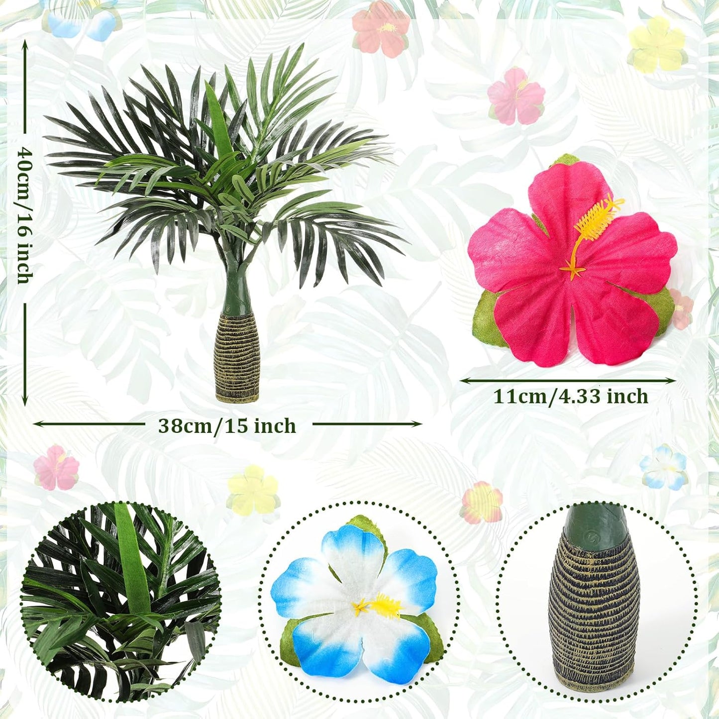 52 Pcs Hawaiian Party Flower Centerpieces for Table Include 2 Artificial Palm Tree and 50 Hawaiian Hibiscus Flowers Tropical Faux Flowers Party Decorations Supplies for Hawaii Luau Theme Decor