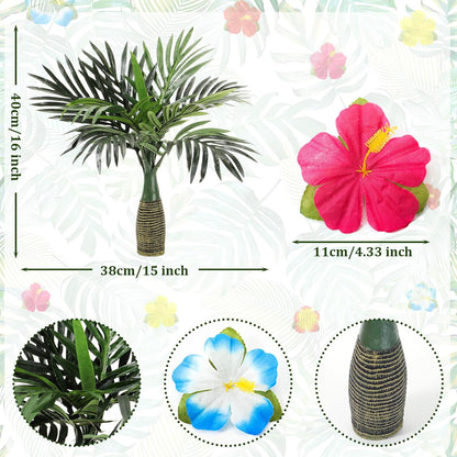 52 Pcs Hawaiian Party Flower Centerpieces for Table Include 2 Artificial Palm Tree and 50 Hawaiian Hibiscus Flowers Tropical Faux Flowers Party Decorations Supplies for Hawaii Luau Theme Decor