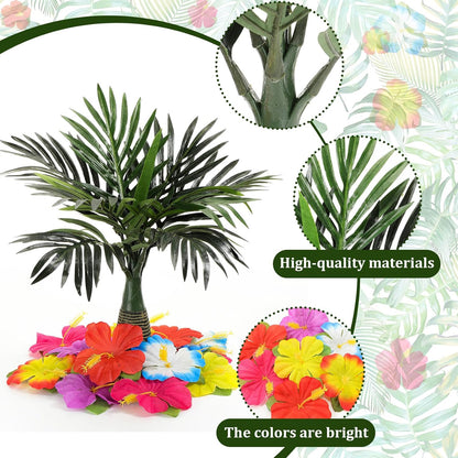 52 Pcs Hawaiian Party Flower Centerpieces for Table Include 2 Artificial Palm Tree and 50 Hawaiian Hibiscus Flowers Tropical Faux Flowers Party Decorations Supplies for Hawaii Luau Theme Decor
