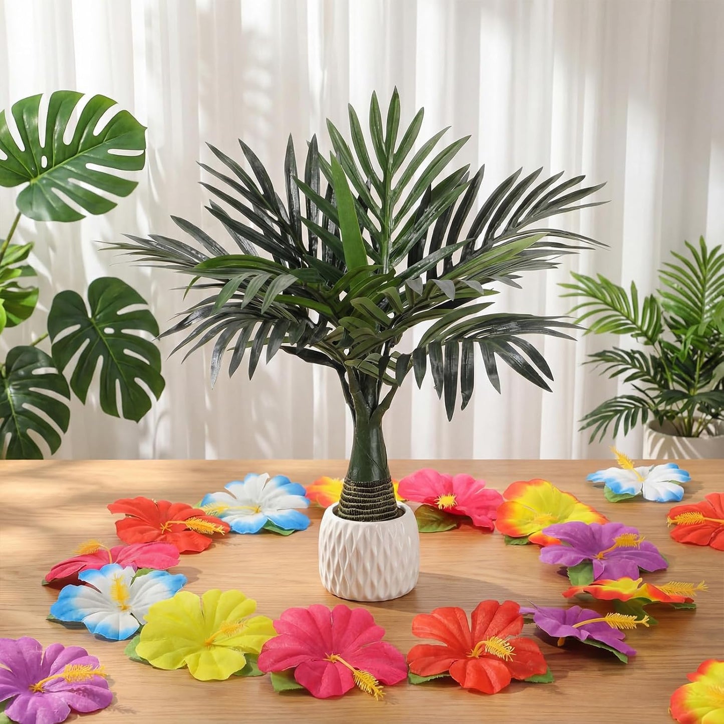 52 Pcs Hawaiian Party Flower Centerpieces for Table Include 2 Artificial Palm Tree and 50 Hawaiian Hibiscus Flowers Tropical Faux Flowers Party Decorations Supplies for Hawaii Luau Theme Decor
