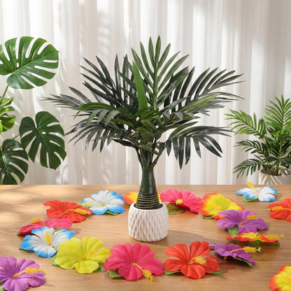 52 Pcs Hawaiian Party Flower Centerpieces for Table Include 2 Artificial Palm Tree and 50 Hawaiian Hibiscus Flowers Tropical Faux Flowers Party Decorations Supplies for Hawaii Luau Theme Decor