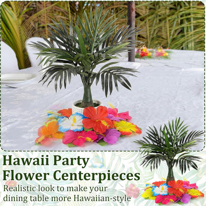 52 Pcs Hawaiian Party Flower Centerpieces for Table Include 2 Artificial Palm Tree and 50 Hawaiian Hibiscus Flowers Tropical Faux Flowers Party Decorations Supplies for Hawaii Luau Theme Decor