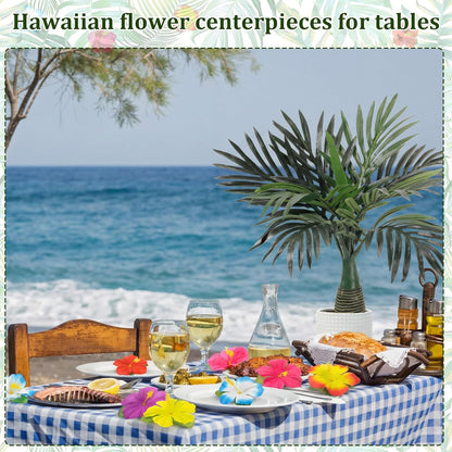 52 Pcs Hawaiian Party Flower Centerpieces for Table Include 2 Artificial Palm Tree and 50 Hawaiian Hibiscus Flowers Tropical Faux Flowers Party Decorations Supplies for Hawaii Luau Theme Decor